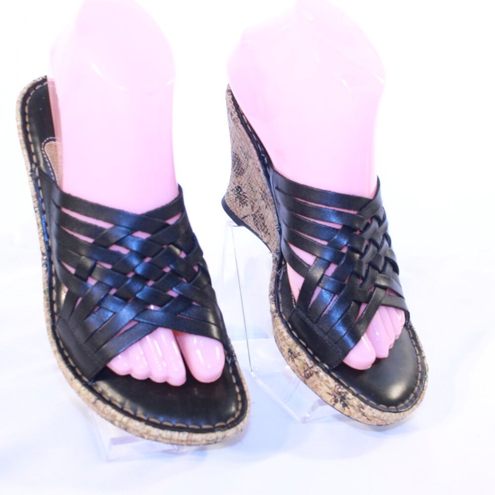 Born Drilles SZ 7 Black Woven Leather TURBIE Wedge Mule Slip On Backless Sandal
